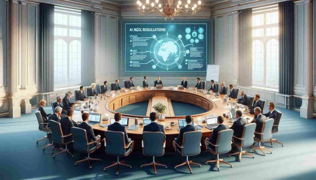  Government officials in a meeting discussing AI regulations, emphasizing the need for effective governance and ethical considerations in artificial intelligence technologies.