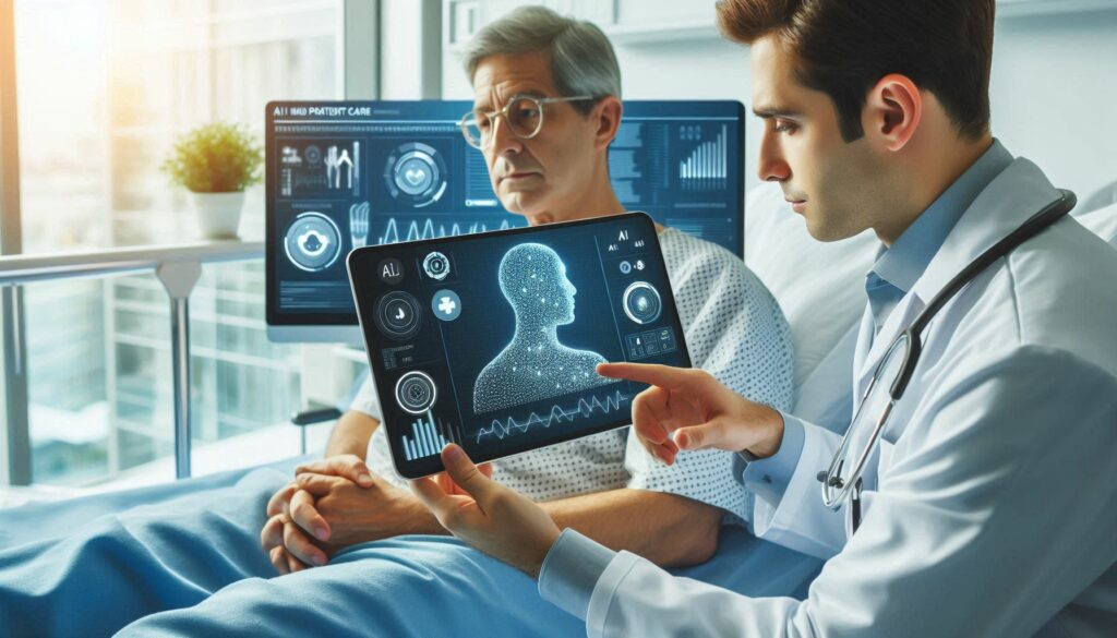 Doctor using an AI-powered interface to consult patient data and discuss treatment options, demonstrating the impact of AI in healthcare on patient care.