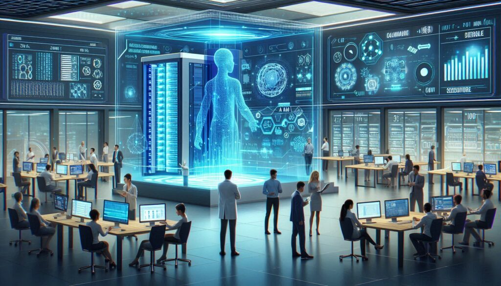 A futuristic training facility for AI models, showcasing advanced computing technology and researchers collaborating on AI model architecture training.