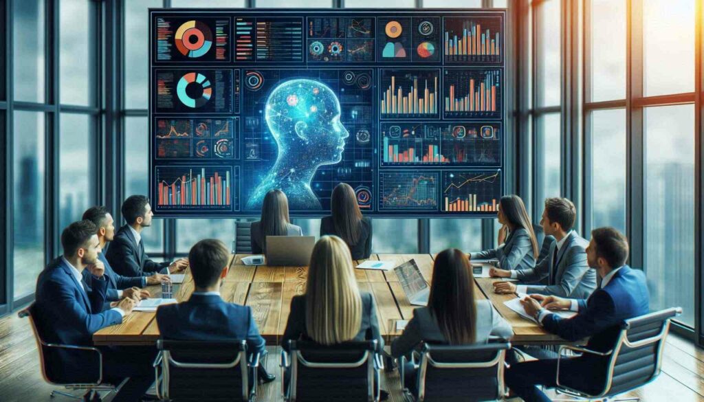 A diverse business team collaborating in a conference room, analyzing AI-generated data and dashboards on a large screen, discussing strategies based on AI insights.