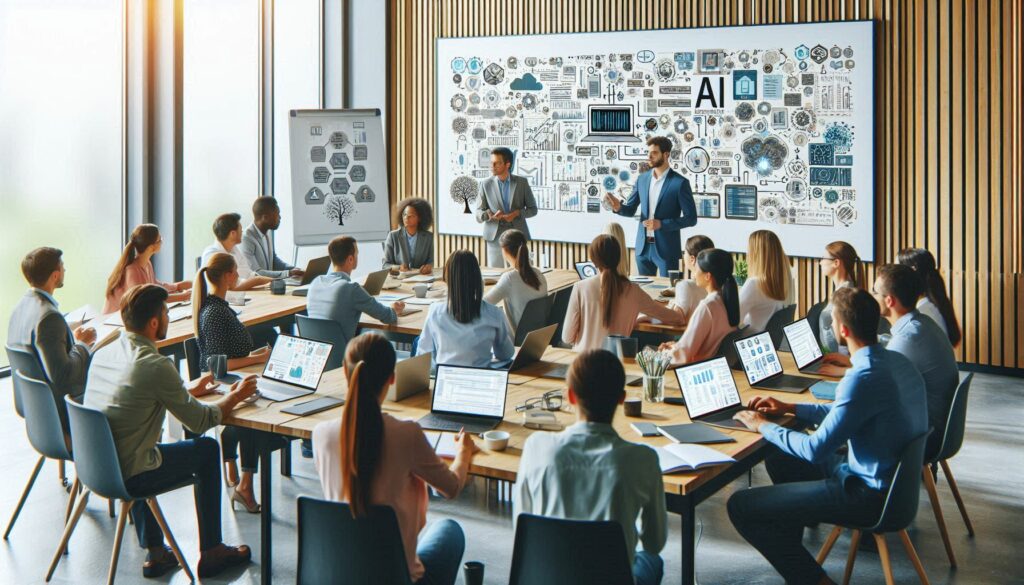 A diverse group of professionals collaborating in an AI training program design workshop, engaging with laptops and discussing innovative AI solutions.