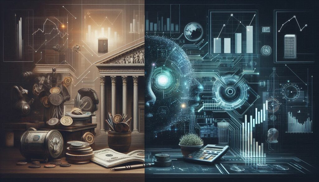 Comparison of traditional finance and finance with artificial intelligence, showcasing the shift from formal, manual processes to innovative, AI-powered automation with positive financial outcomes.