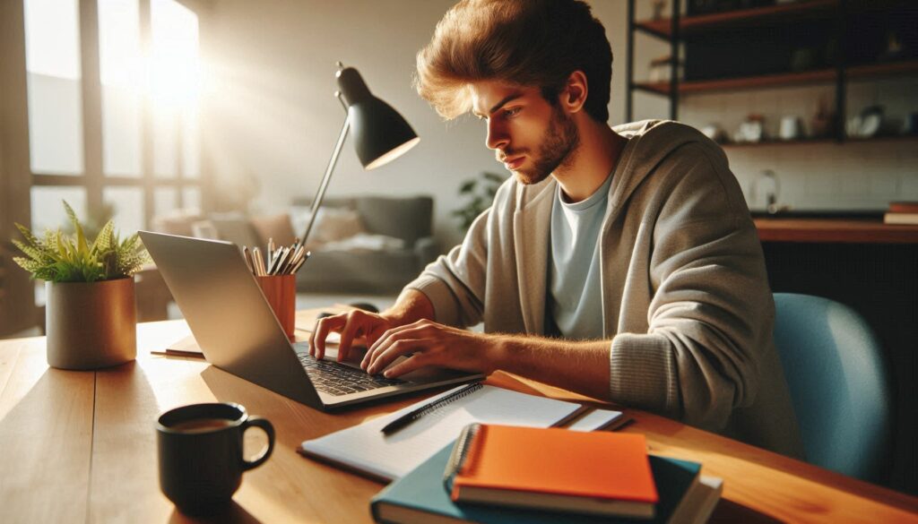 A young professional exploring an online AI HR course catalog on a laptop, preparing to enroll in AI HR course