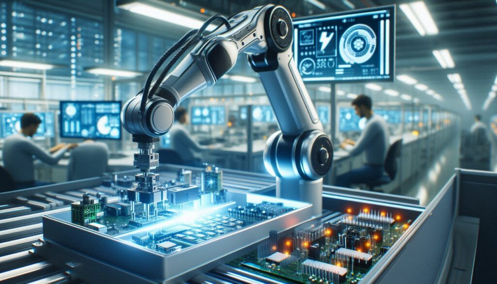 AI-driven robotics learning in manufacturing, showcasing robots automating assembly tasks with precision and engineers monitoring performance.