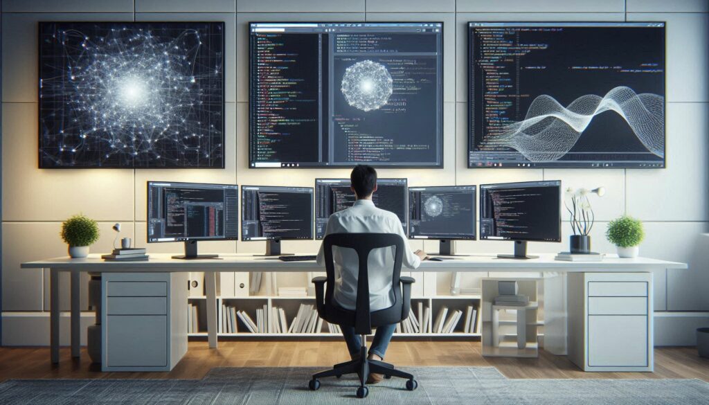 Developer focused on mastering AI model tuning at a modern workstation, with TensorFlow and PyTorch interfaces displayed on multiple screens.