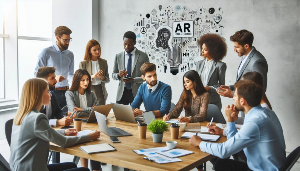 Diverse HR professionals collaborating in a conference room, applying insights from their enrollment in AI HR course