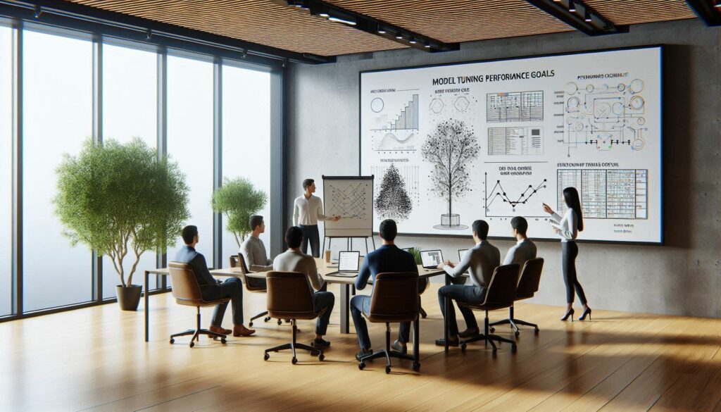 Team of AI developers collaborating in a meeting room, discussing strategies to master AI model tuning, with a whiteboard in the background.