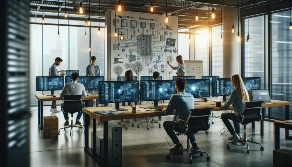 A team of IT professionals collaborating on AI network infrastructure setup in a modern office, showcasing computers with network diagrams and servers in the background.