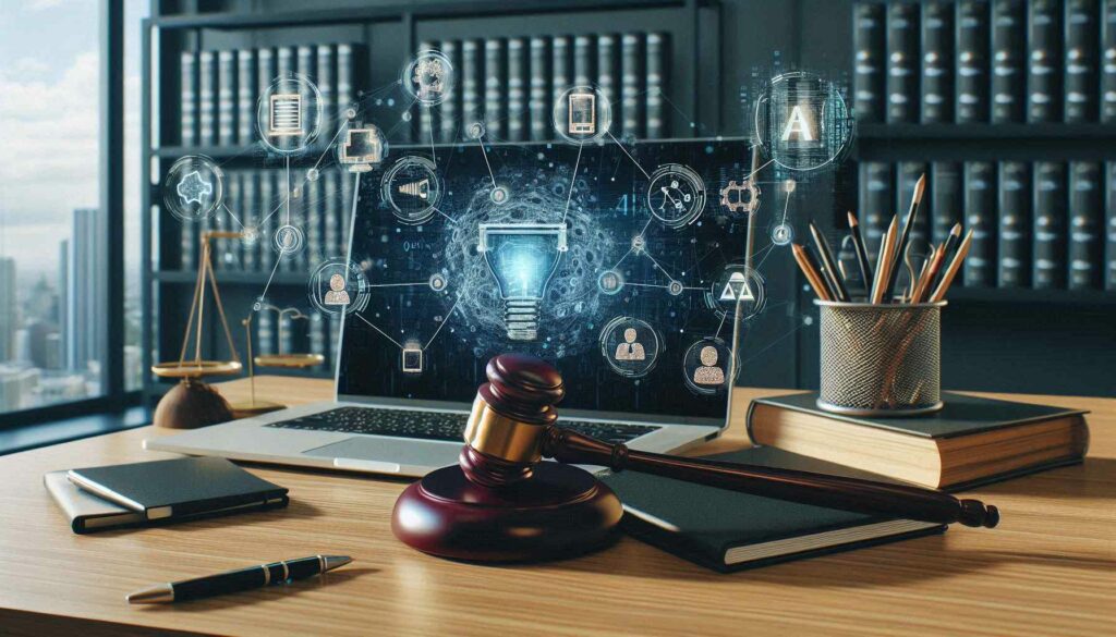 "Office setup with legal tools and AI analytics, representing AI legal risk management strategies."