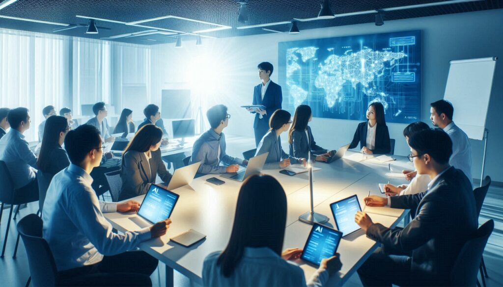 Professionals attending a training session on AI network infrastructure, with a trainer presenting AI technologies in an engaging workshop.