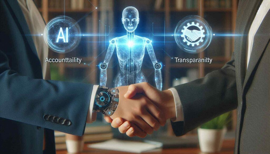 "Handshake between human and robot representing ethical governance in AI risk management."