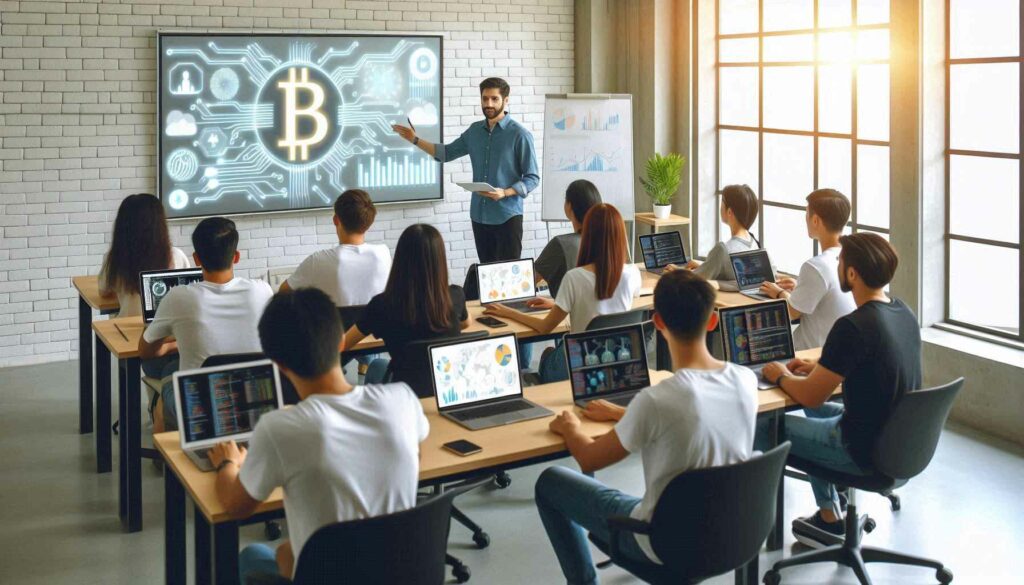 Students in a classroom participating in a Bitcoin developer course, learning about blockchain technology and programming skills.