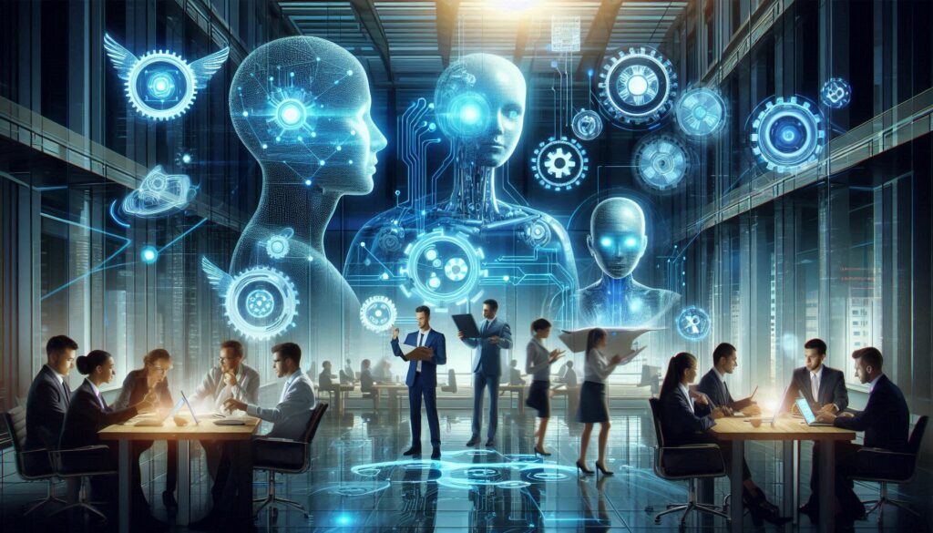 Futuristic office environment showcasing AI technologies and prompt engineering in action.