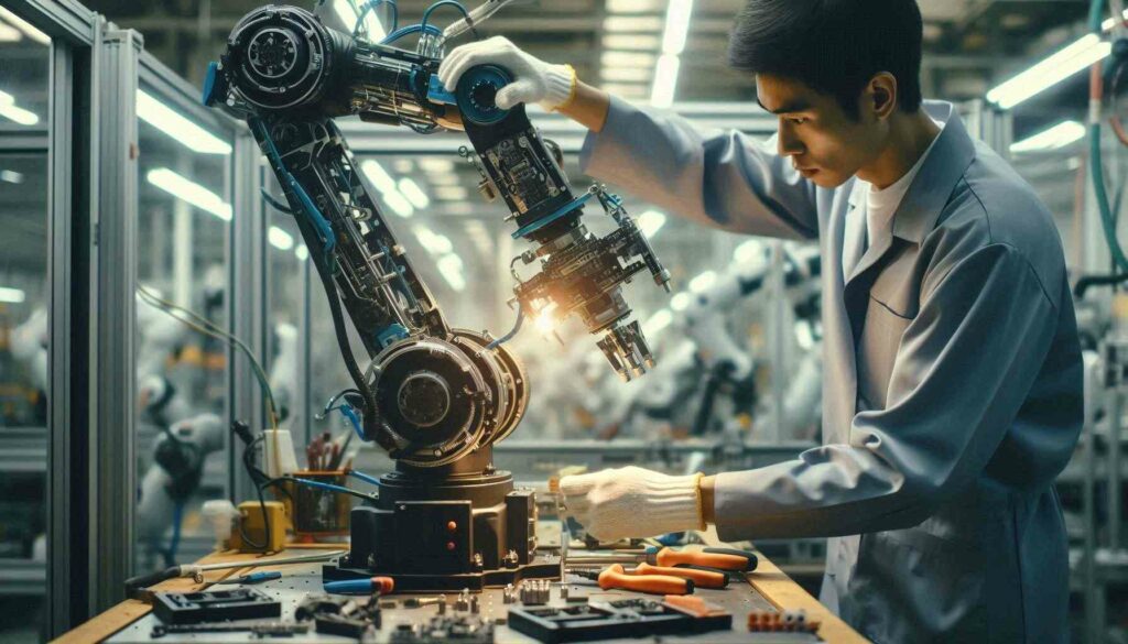 Technician assembling a robotic arm in a workshop, demonstrating practical applications of AI in robotics.