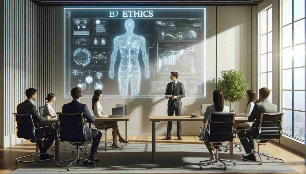 Ethics consultant training corporate employees on ethical AI practices in a conference room.