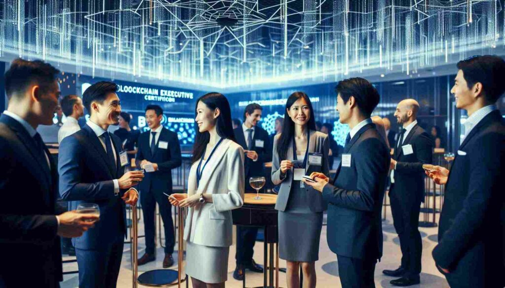 Executives networking at a blockchain certification event.