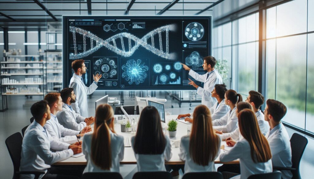 Scientists training with AI tools to enhance RNA research, highlighting the role of AI in healthcare education and innovation.