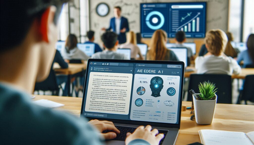 Student receiving real-time feedback from AI-powered assessment software while the teacher monitors performance analytics in a classroom