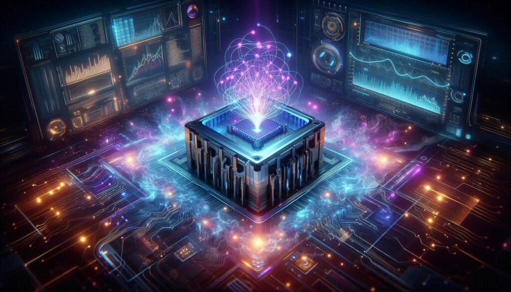 Quantum computer processing advanced AI algorithms, with glowing data streams and neural networks symbolizing an advanced AI quantum computing program. Futuristic graphs and holographic AI displays surround the quantum processor, highlighting cutting-edge technology.