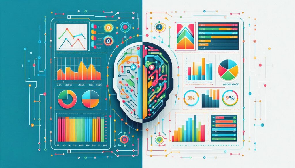 A split-screen image comparing the performance of two AI models, emphasizing the importance of AI model architecture training in achieving higher accuracy.