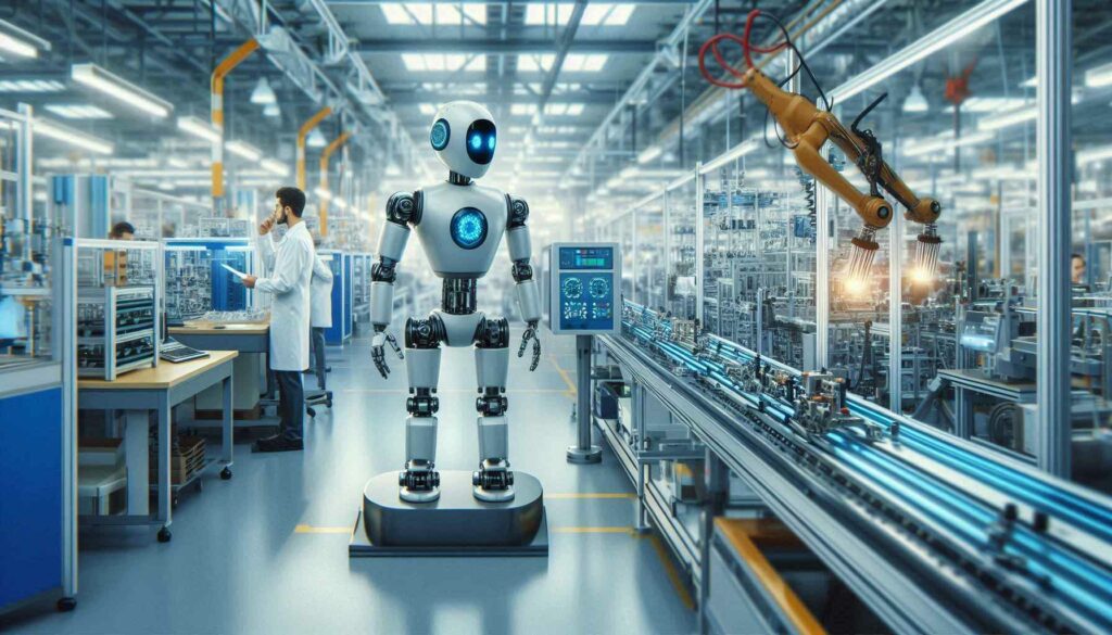  An AI-powered robot operating on an assembly line in a factory, with human workers nearby monitoring its tasks, demonstrating the integration of AI and automation in manufacturing.