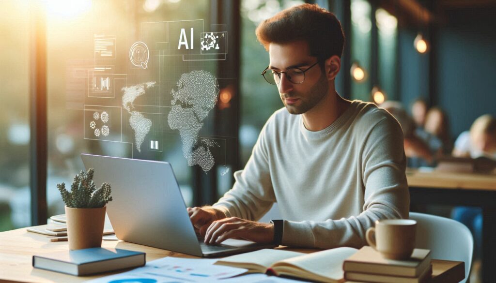 AI prompt engineer designing prompts on a laptop in a modern workspace.