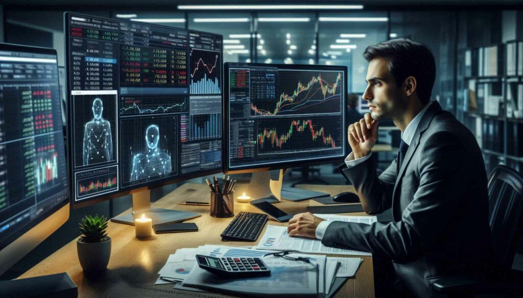 A financial analyst working at a desk with multiple screens displaying real-time stock market data and AI-powered financial analytics, reflecting the use of AI in finance.

