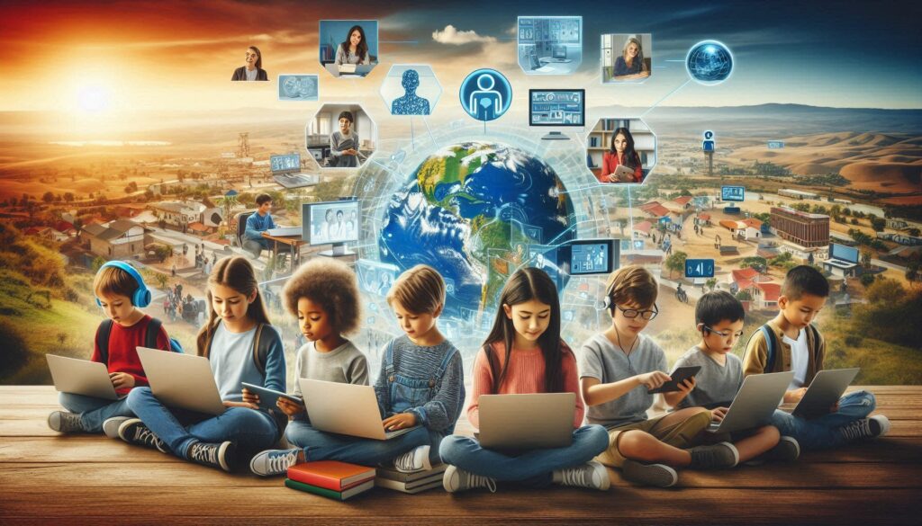 Students from diverse global regions accessing AI-driven virtual classrooms and online lessons on laptops and mobile devices