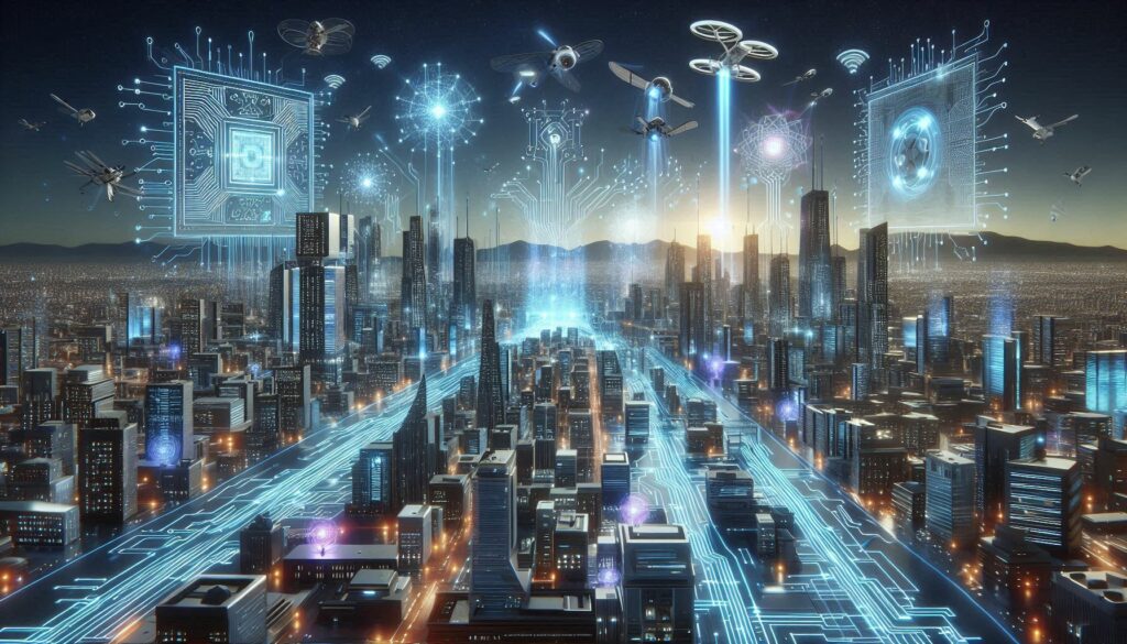 Futuristic city powered by advanced AI quantum computing programs, featuring glowing buildings with digital circuit patterns, drones, and holographic data streams. The scene showcases the potential of quantum computing and artificial intelligence in future infrastructure.