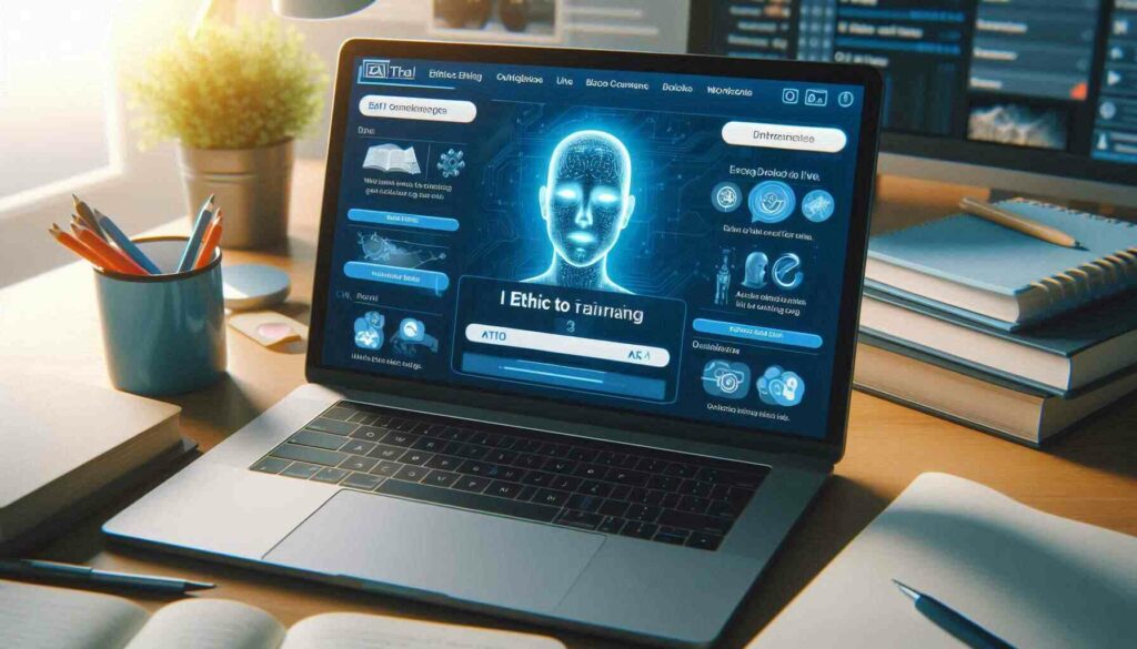 A laptop screen featuring an AI ethics training module with engaging content and a progress bar, highlighting the importance of governance and ethical practices in artificial intelligence.