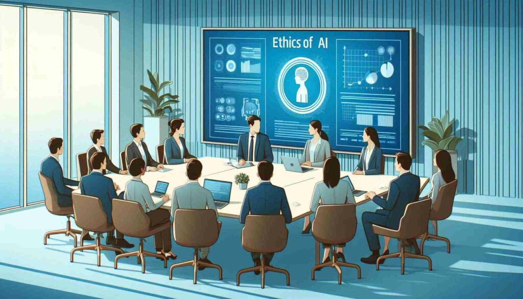 Diverse group of professionals discussing AI ethics in a conference room with charts and graphs.