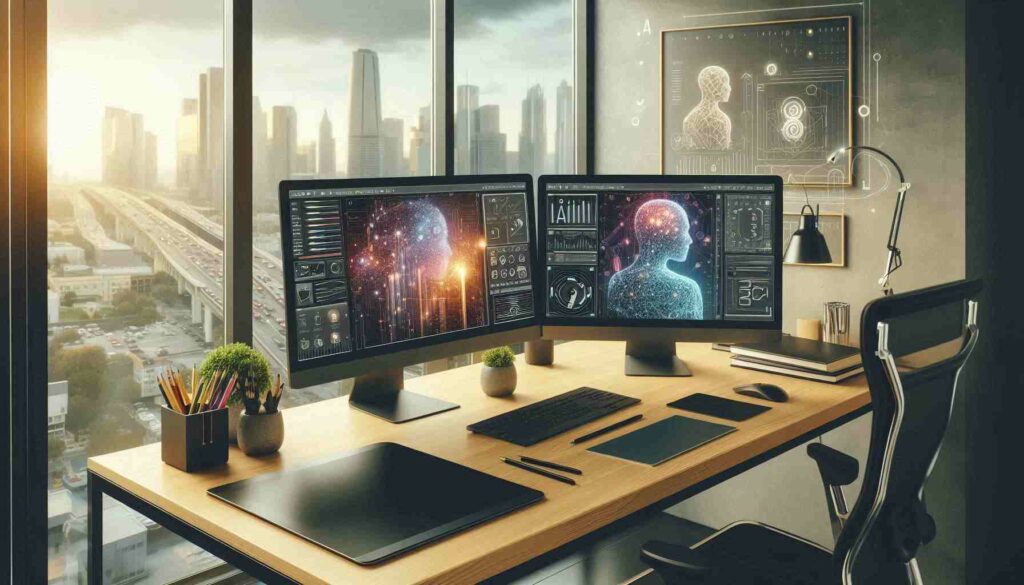 Modern workspace setup showcasing AI-based product design software on dual monitors for AI product design certification.