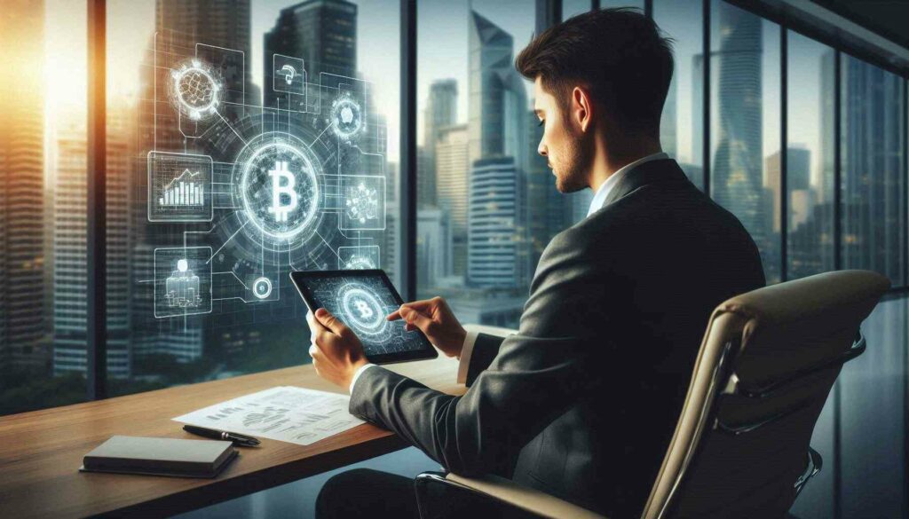 Executive learning blockchain concepts for Blockchain Executive Certification in modern office.