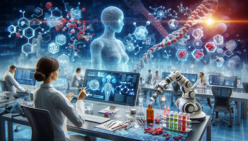 A futuristic lab where AI-powered computers and robotic arms analyze drug compounds and 3D models of proteins and receptors, symbolizing the role of AI in healthcare and drug discovery.