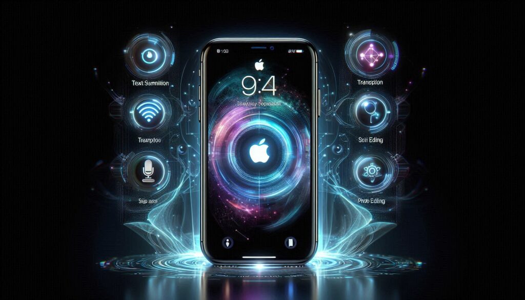 A sleek, futuristic iPhone with a glowing Apple logo, surrounded by digital icons representing AI tools like transcription, text summarization, photo editing, and Siri. The phone's screen displays AI-driven features, with holographic data points emerging from the device. A background of light and technology, highlighting the power and sophistication of Apple's new AI tools.