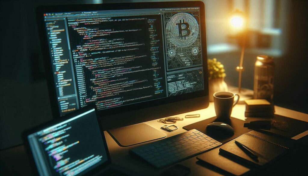 A computer screen showing coding tools and languages essential for Bitcoin development, representing the technical skills learned in a Bitcoin developer course.