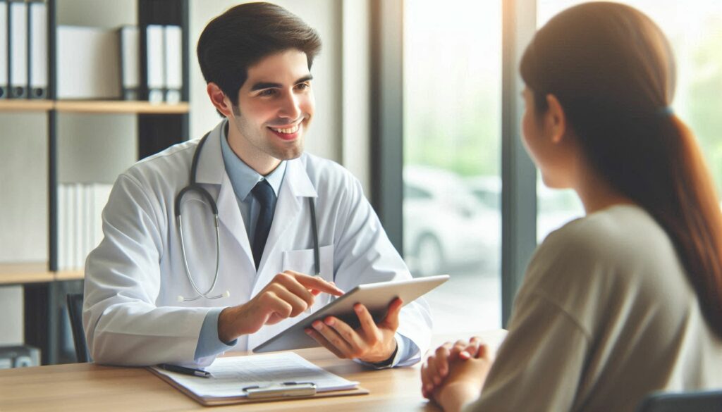 Doctor explaining medical details to a patient on a tablet, highlighting empathetic communication in AI in healthcare