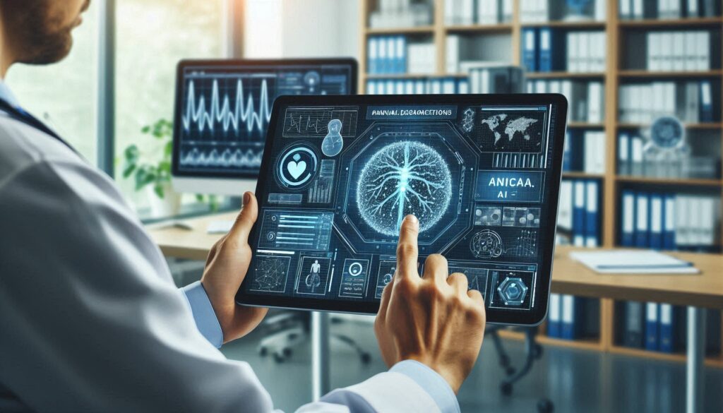 Oncologist reviewing personalized cancer treatment plans generated by AI in healthcare, enhancing diagnostic accuracy and patient care