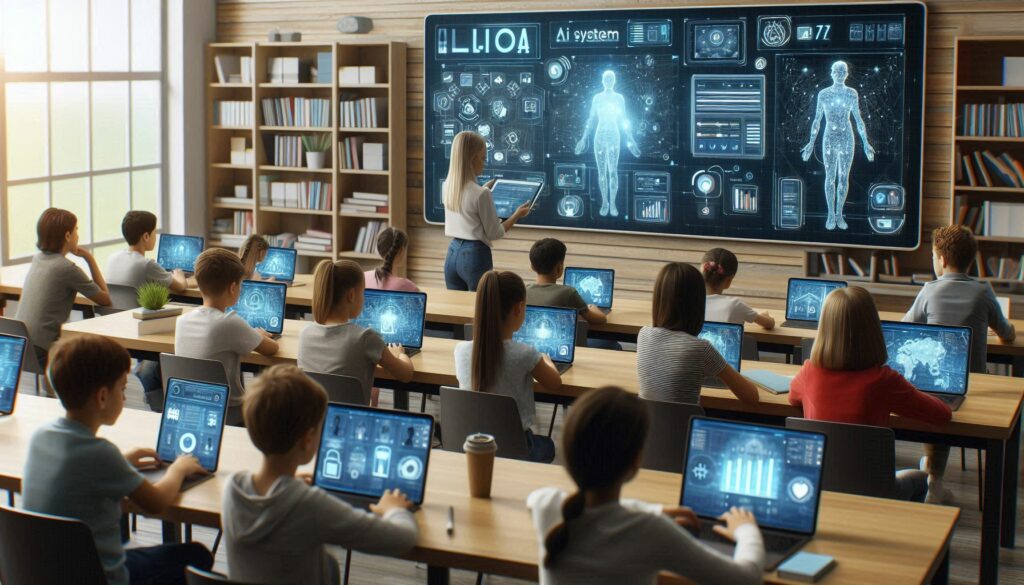 Students using AI-powered learning platforms for personalized education in a modern classroom with real-time analytics