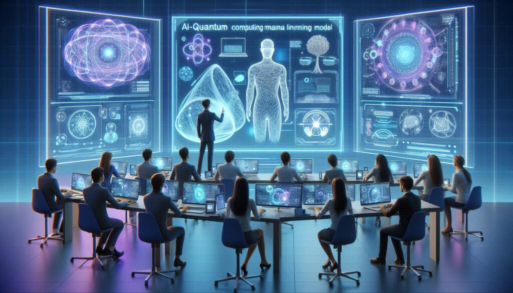 Students engaging with an advanced AI quantum computing program in a modern classroom, working on quantum models and AI algorithms through holographic projections. Certifications and digital badges highlight the importance of quantum AI education.

