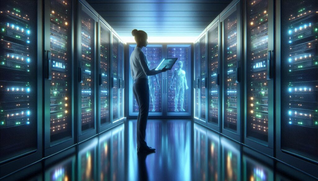 IT professional deploying AI models in a futuristic server room, with glowing servers and a laptop displaying AI metrics for monitoring.