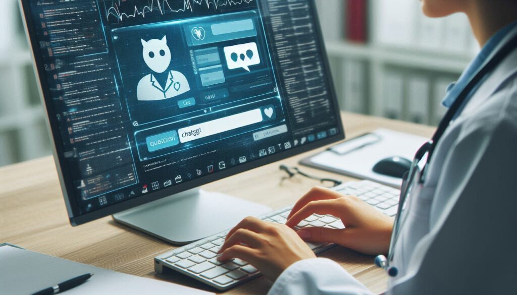 Healthcare professional using a computer with a ChatGPT AI interface to assist with patient care, showcasing AI in healthcare.