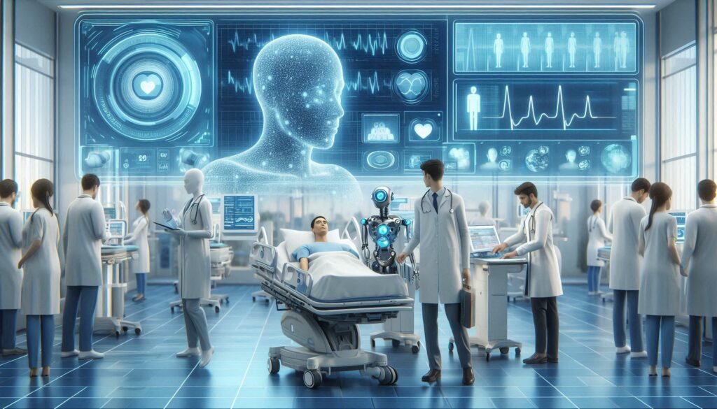 Futuristic hospital where AI in healthcare and robotic assistants are integrated into patient care, representing the future of medical innovation.