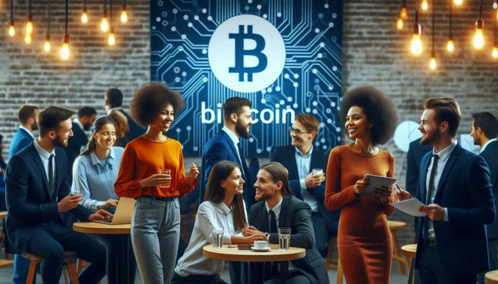 Networking event for Bitcoin developers, featuring professionals and students engaging in discussions about blockchain technology and career opportunities.