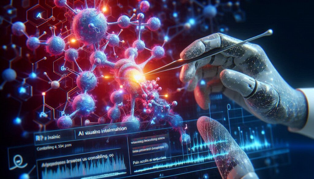 Close-up of AI software visualizing molecular structures binding to pain receptors, illustrating how AI predicts interactions between compounds and receptors in non-opioid pain relief drug discovery.