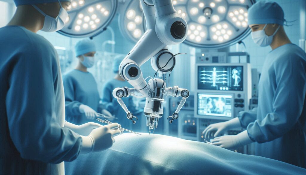 Surgical team performing robotic surgery, demonstrating AI-assisted precision in AI in healthcare.