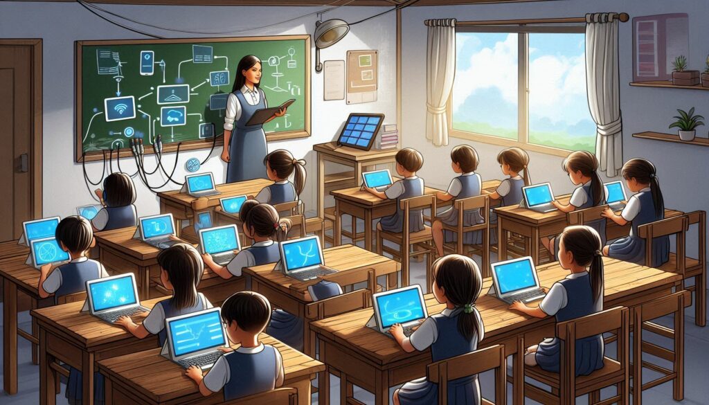 A rural classroom depicting students utilizing AI tools on tablets powered by solar energy, symbolizing the integration of artificial intelligence in education despite resource limitations. A teacher guides the students, emphasizing the importance of bridging the digital divide in learning opportunities.