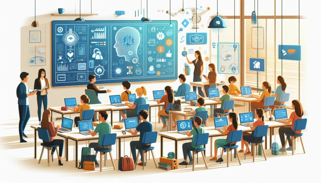 A modern classroom showcasing AI in education, with diverse students using laptops and virtual reality headsets while collaborating on learning tasks. An engaged teacher facilitates discussions, illustrating the transformative impact of artificial intelligence in enhancing educational experiences.