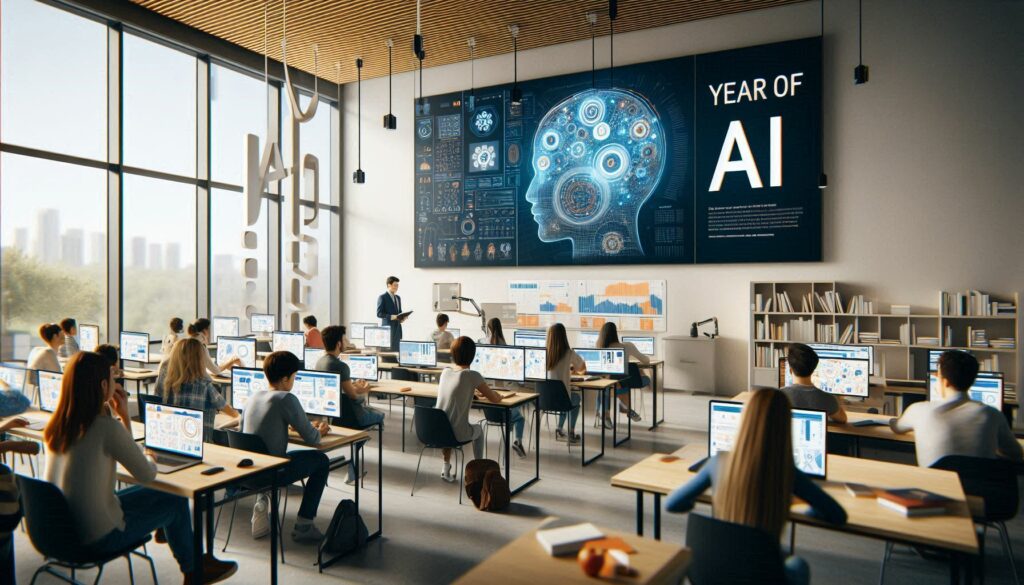 University classroom at UT Austin showcasing AI in education, with students using AI-powered tools for learning