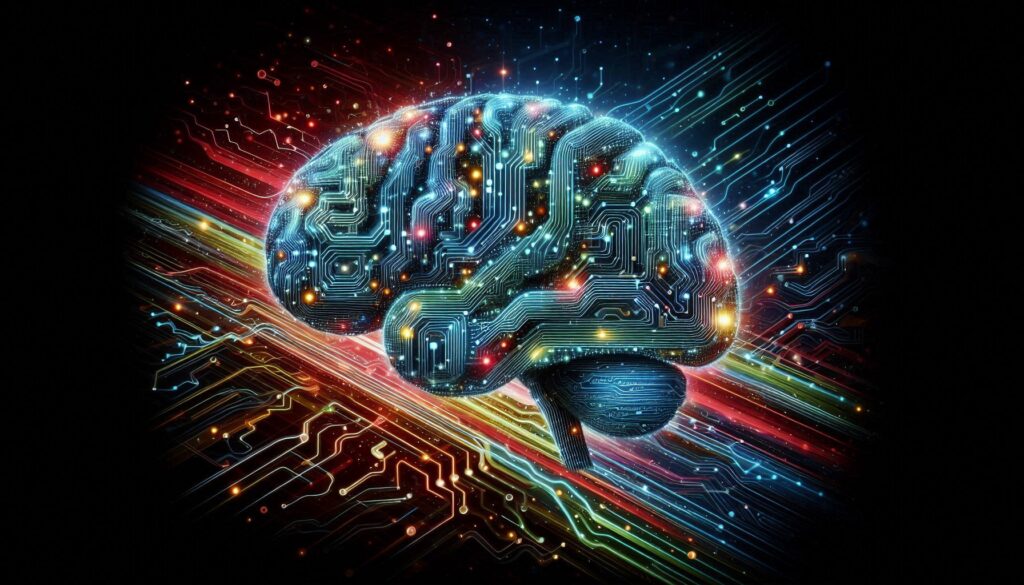 An illustration of a brain composed of circuit patterns and data streams, symbolizing the integration of artificial intelligence in the AI Data Science Certification Program.